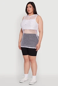 Womens Plus Size Fishnet Boss Rhinestone Hooded Tank Top, White, Size 1X