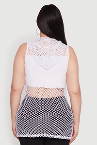 Womens Plus Size Fishnet Boss Rhinestone Hooded Tank Top, White, Size 1X
