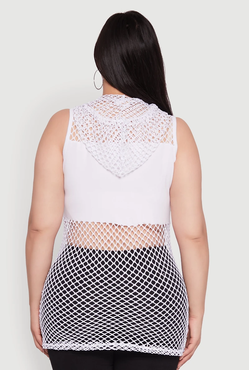 Womens Plus Size Fishnet Boss Rhinestone Hooded Tank Top, White, Size 2X
