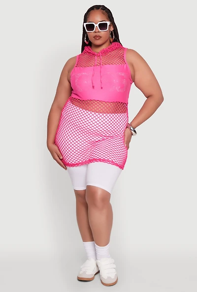 Womens Plus Size Fishnet Boss Rhinestone Hooded Tank Top, Pink, Size 1X