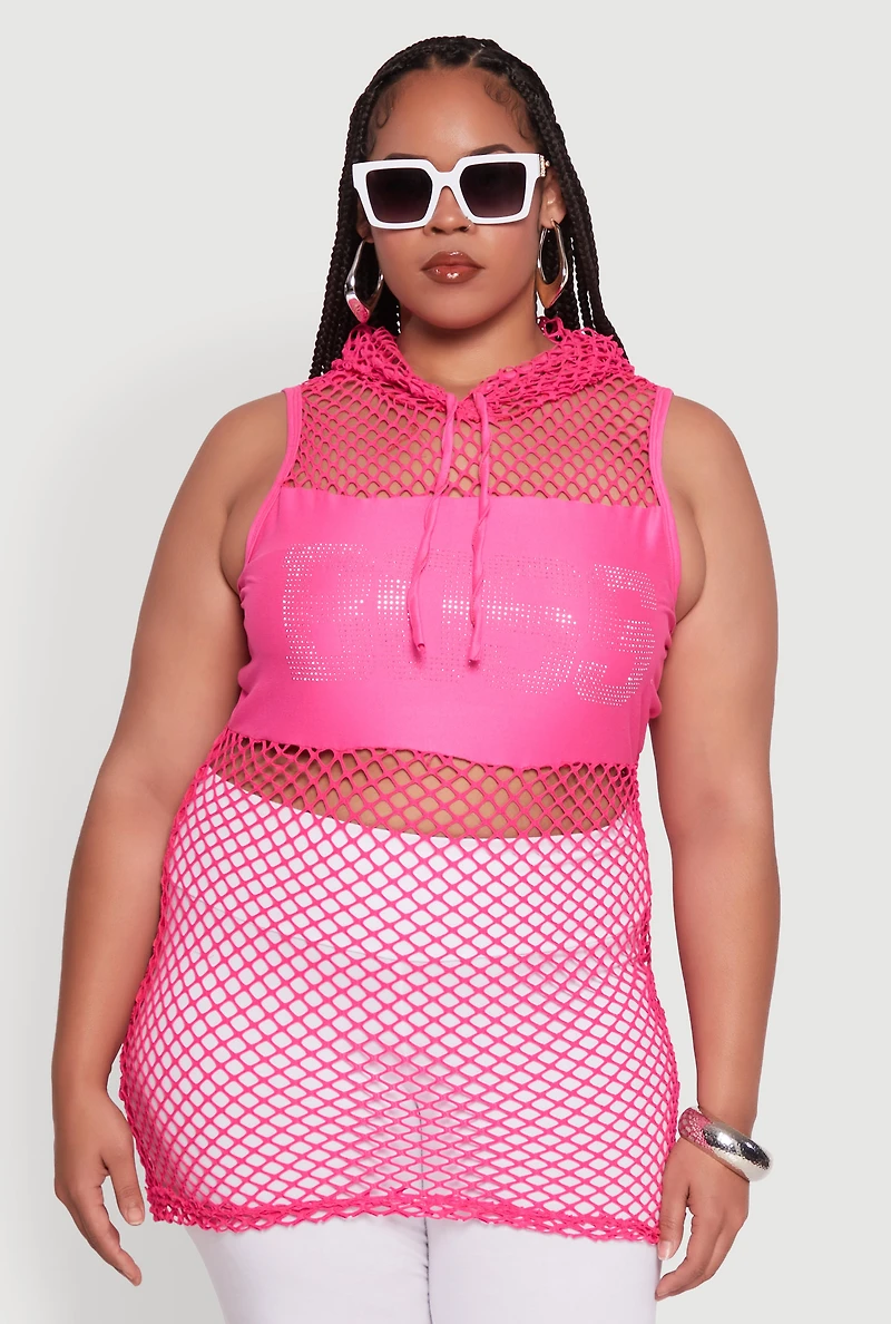 Womens Plus Size Fishnet Boss Rhinestone Hooded Tank Top, Pink, Size 1X