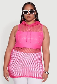 Womens Plus Size Fishnet Boss Rhinestone Hooded Tank Top, Pink, Size 1X