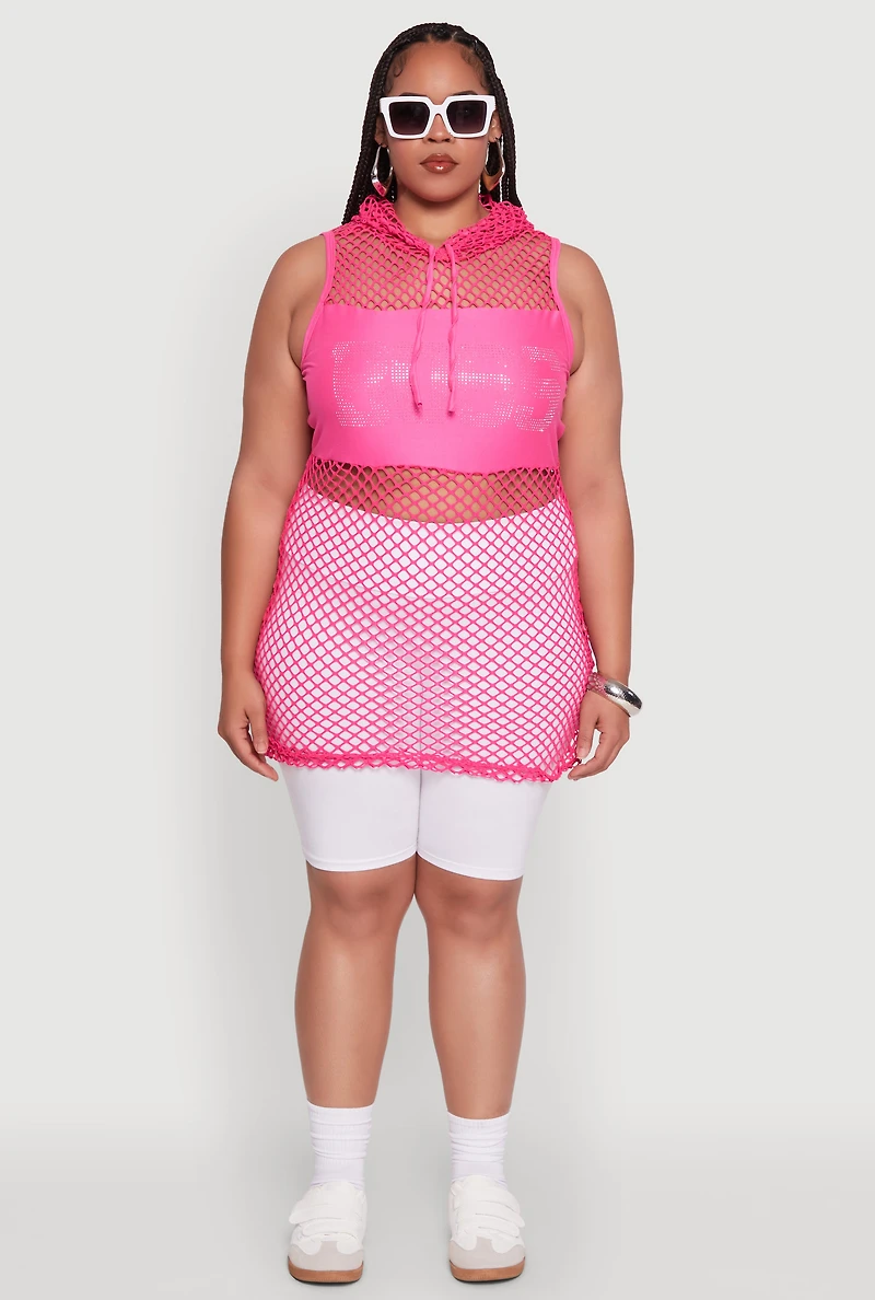 Womens Plus Size Fishnet Boss Rhinestone Hooded Tank Top, Pink, Size 1X