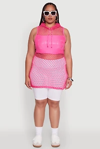 Womens Plus Size Fishnet Boss Rhinestone Hooded Tank Top, Pink, Size 1X
