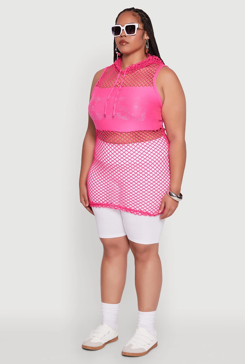 Womens Plus Size Fishnet Boss Rhinestone Hooded Tank Top, Pink, Size 1X