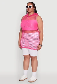 Womens Plus Size Fishnet Boss Rhinestone Hooded Tank Top, Pink, Size 1X