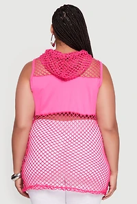 Womens Plus Size Fishnet Boss Rhinestone Hooded Tank Top, Pink, Size 1X