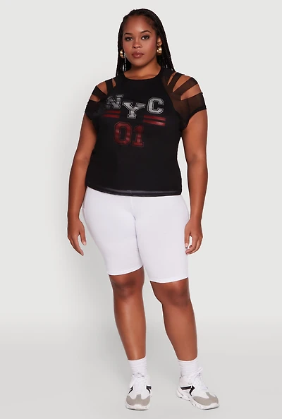 Womens Plus Mesh Graphic NYC 01 Crew Neck Top,