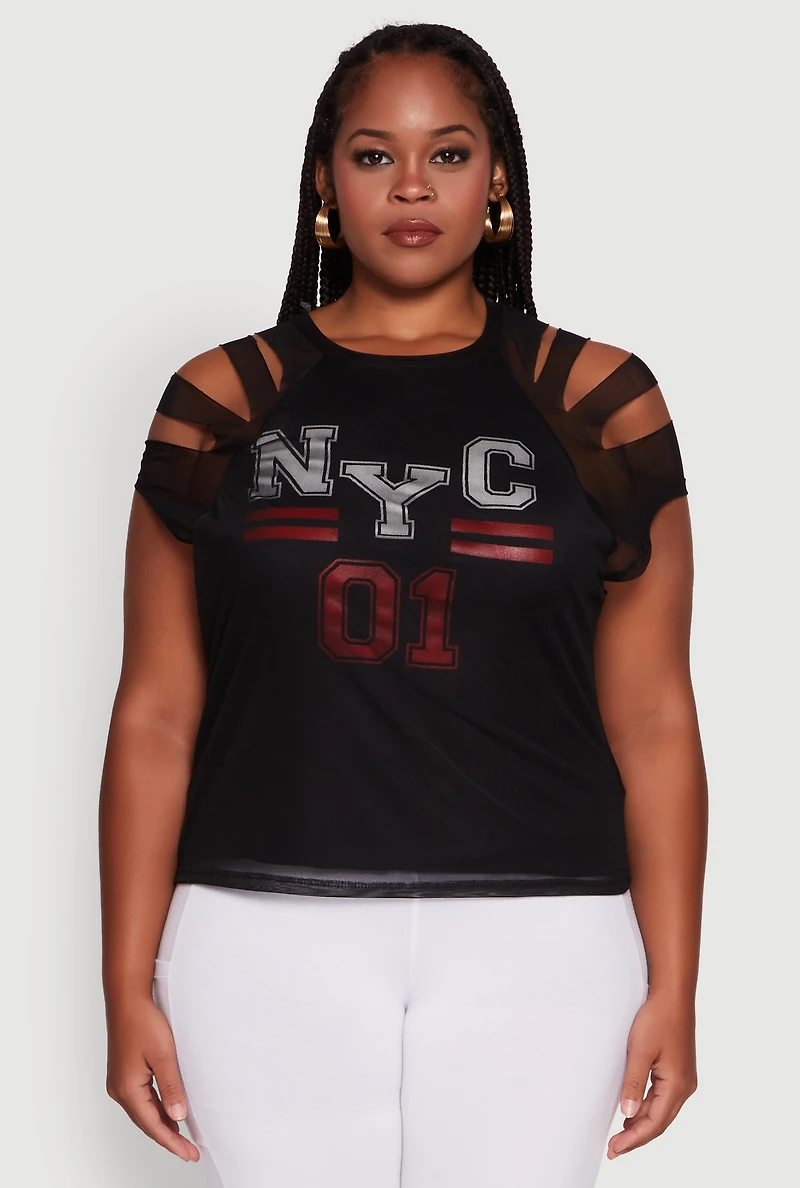 Womens Plus Mesh Graphic NYC 01 Crew Neck Top,