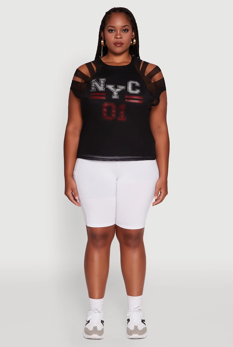 Womens Plus Size Mesh Graphic NYC 01 Crew Neck Top, Black, Size 1X