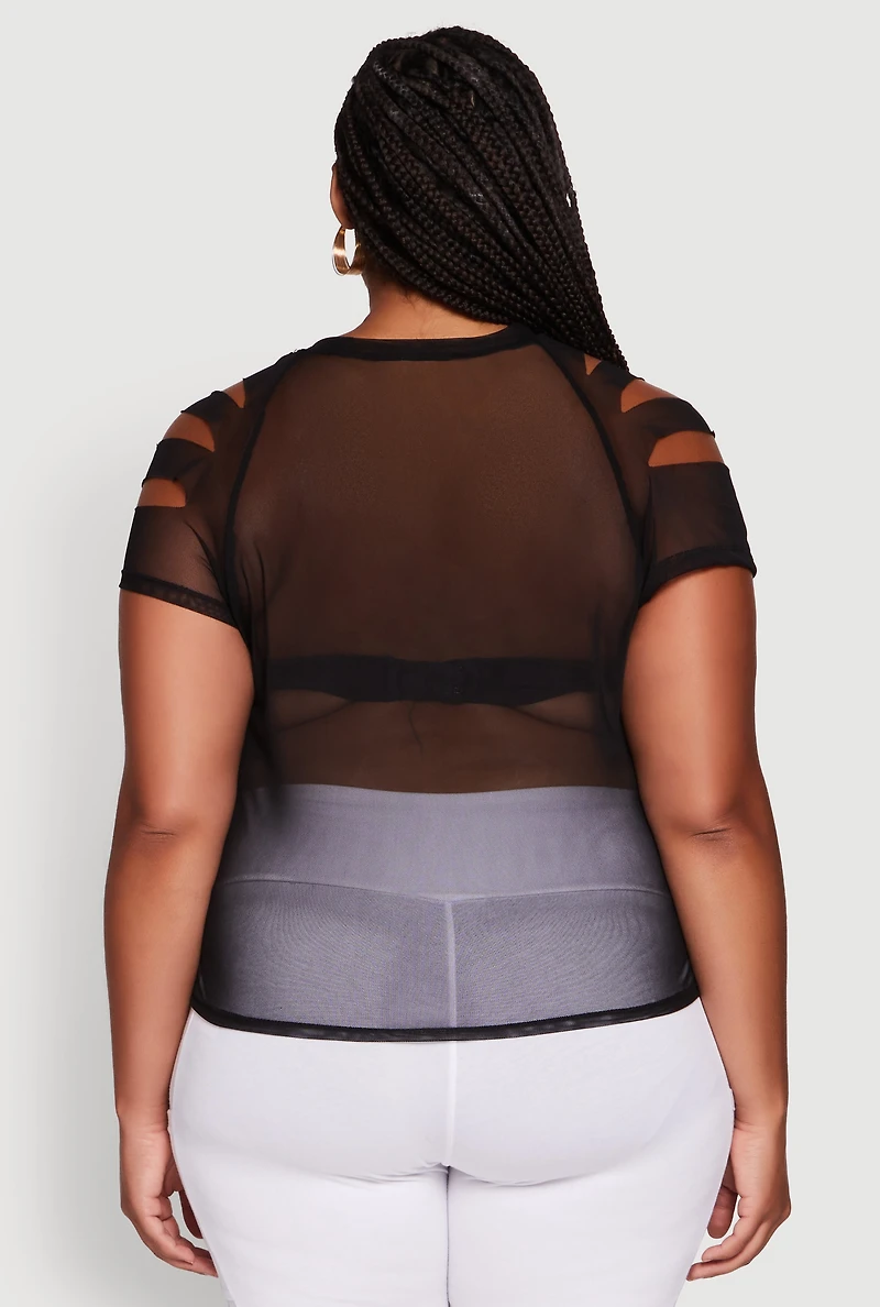 Womens Plus Mesh Graphic NYC 01 Crew Neck Top,