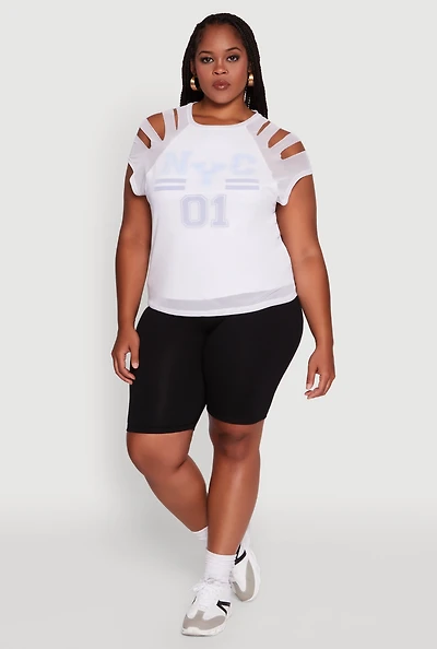 Womens Plus Size Mesh Graphic NYC 01 Crew Neck Top, White, Size 2X