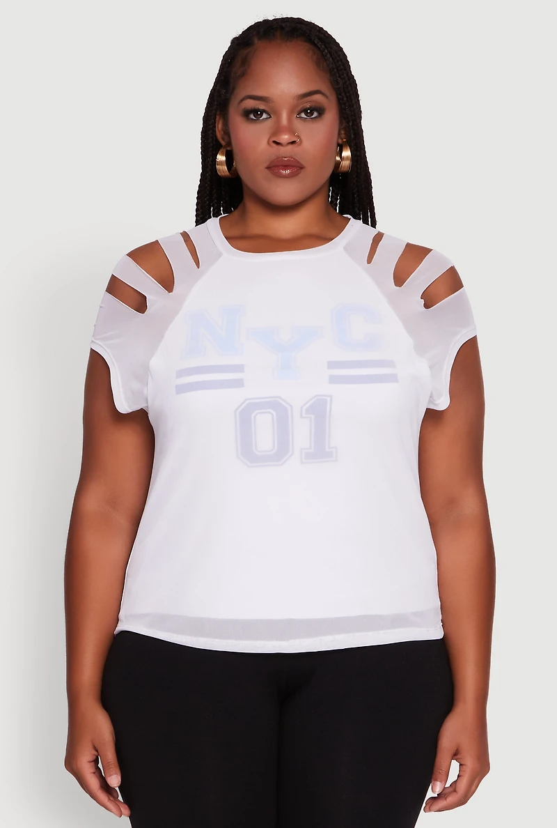 Womens Plus Mesh Graphic NYC 01 Crew Neck Top, White,