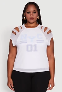 Womens Plus Mesh Graphic NYC 01 Crew Neck Top, White,