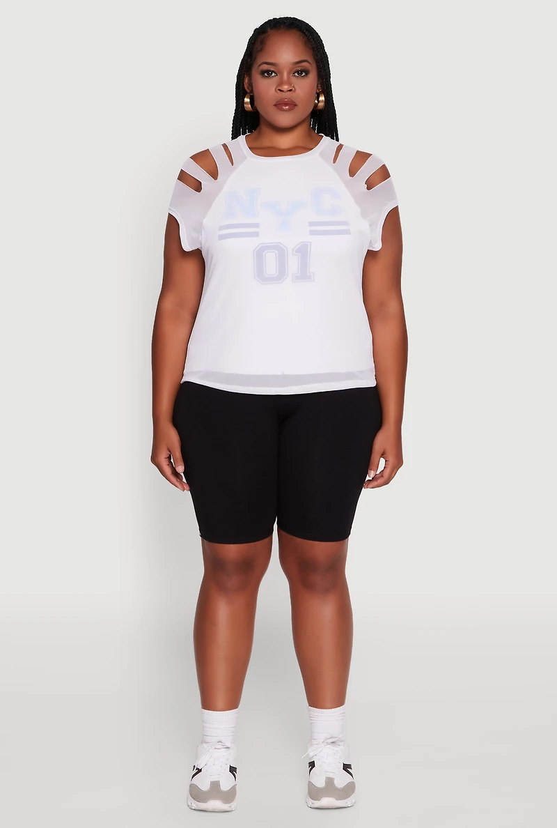 Womens Plus Size Mesh Graphic NYC 01 Crew Neck Top, White, Size 2X