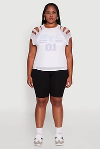 Womens Plus Mesh Graphic NYC 01 Crew Neck Top, White,