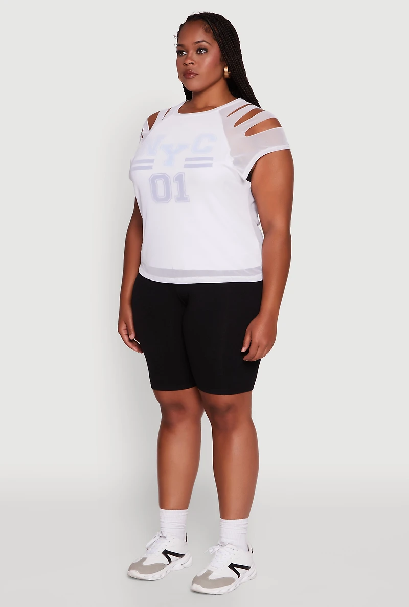 Womens Plus Mesh Graphic NYC 01 Crew Neck Top, White,