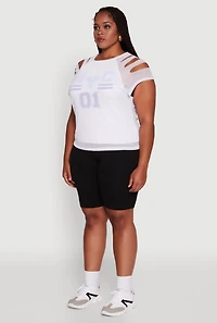 Womens Plus Mesh Graphic NYC 01 Crew Neck Top, White,