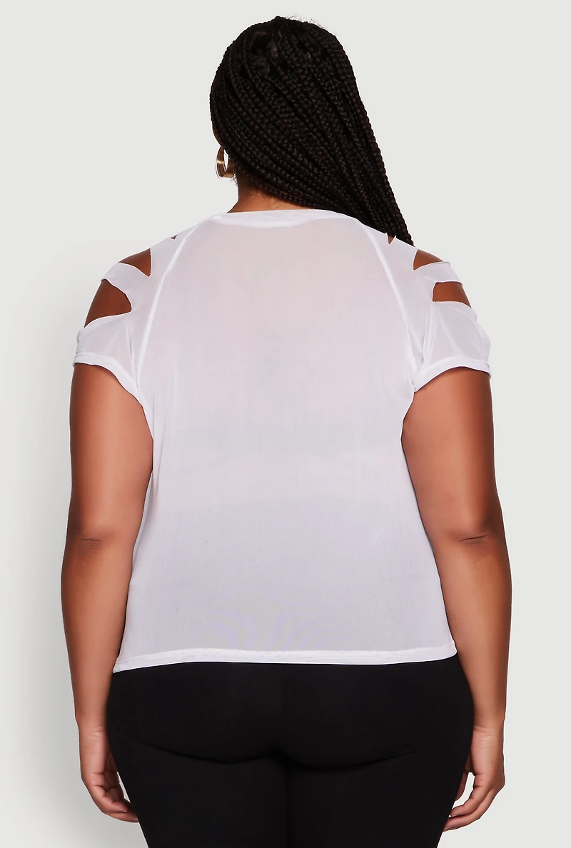 Womens Plus Size Mesh Graphic NYC 01 Crew Neck Top, White, Size 2X