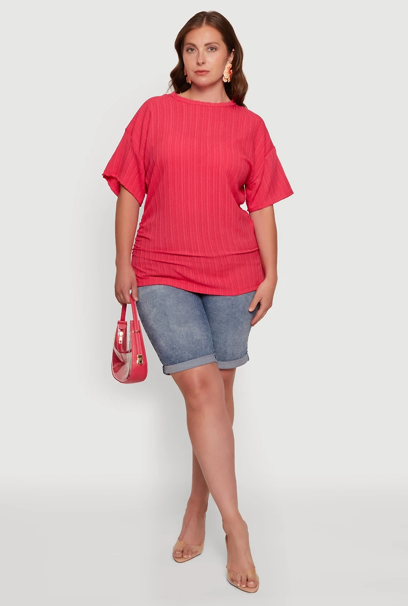 Plus Textured Knit Side Ruched Drop Shoulder Blouse