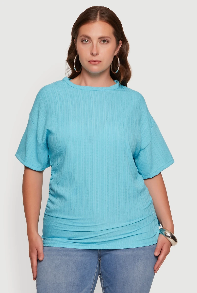 Plus Textured Knit Side Ruched Drop Shoulder Blouse