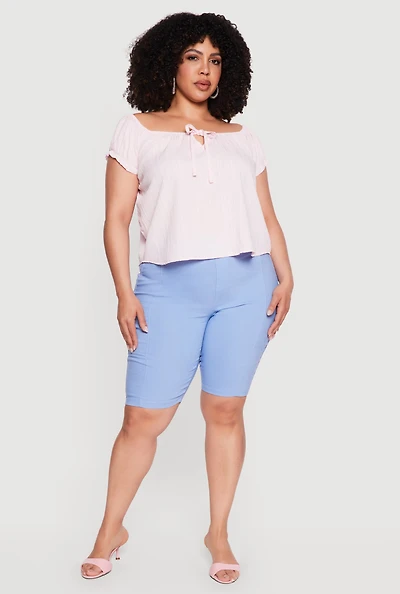 Plus Short Sleeve Tie Front Peasant Top