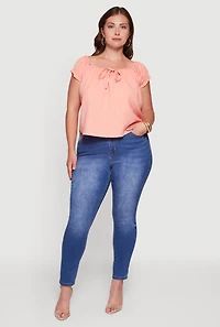 Plus Short Sleeve Tie Front Peasant Top