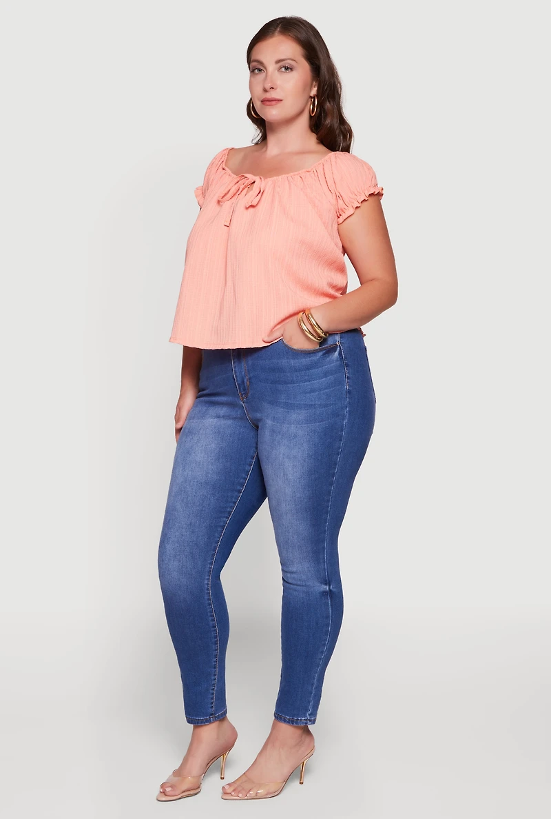 Plus Short Sleeve Tie Front Peasant Top