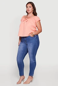 Plus Short Sleeve Tie Front Peasant Top