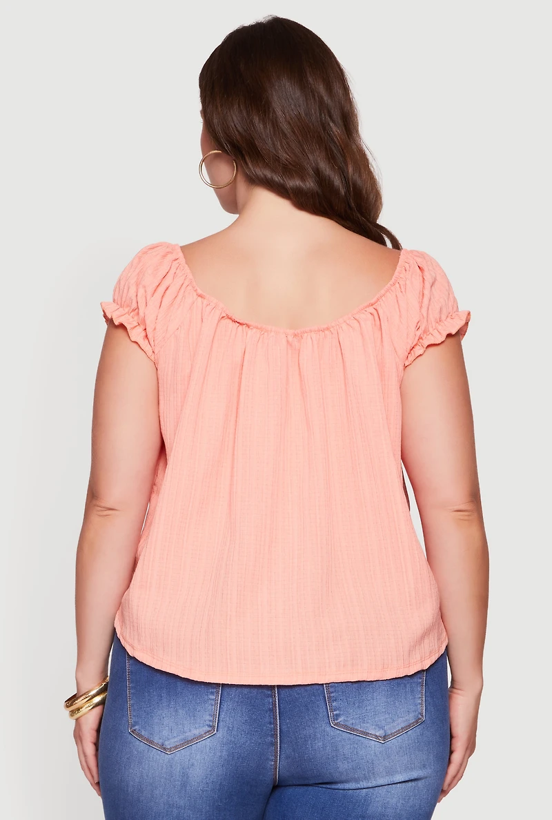 Plus Short Sleeve Tie Front Peasant Top