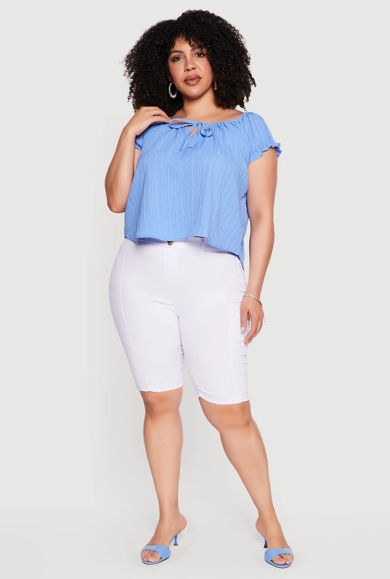 Plus Short Sleeve Tie Front Peasant Top