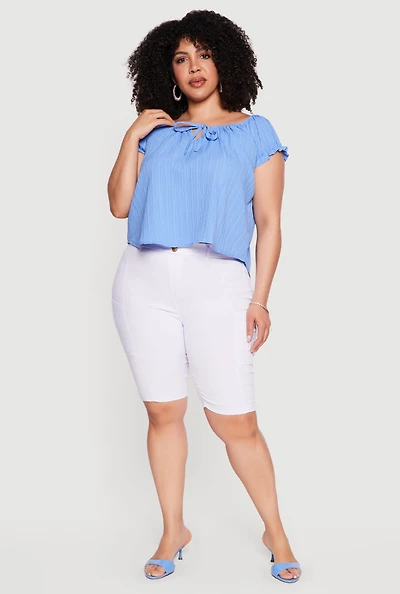 Plus Short Sleeve Tie Front Peasant Top