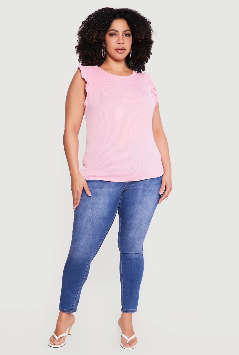 Plus Ribbed Knit Sleeveless Top with Ruffles