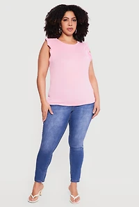 Plus Ribbed Knit Sleeveless Top with Ruffles