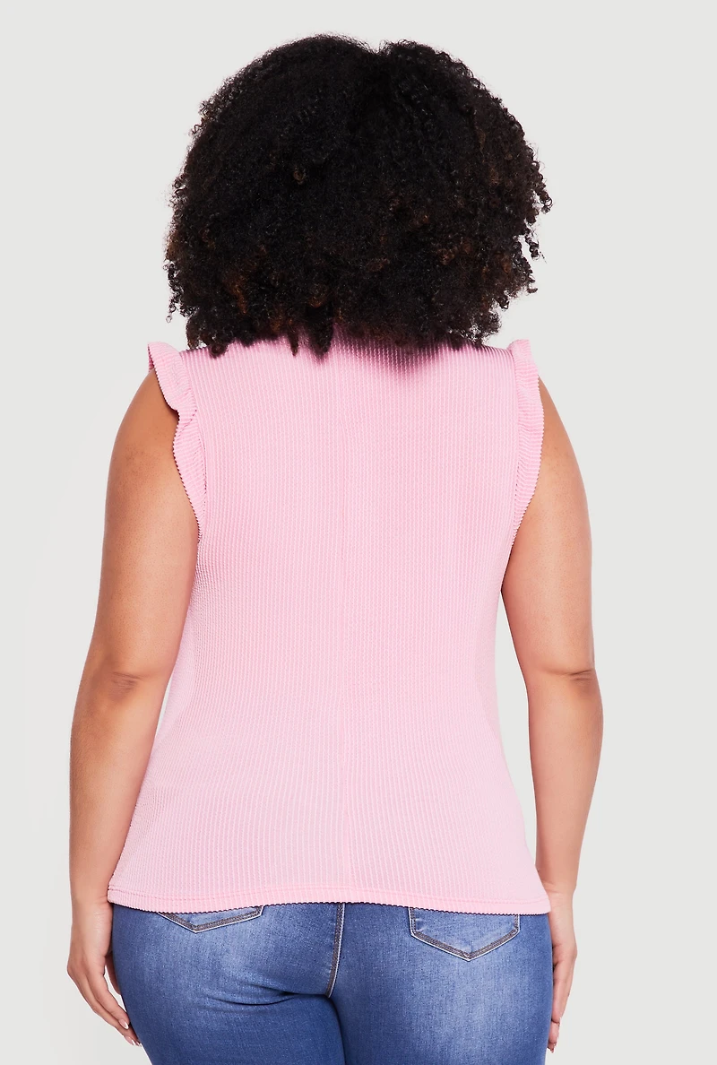 Plus Ribbed Knit Sleeveless Top with Ruffles