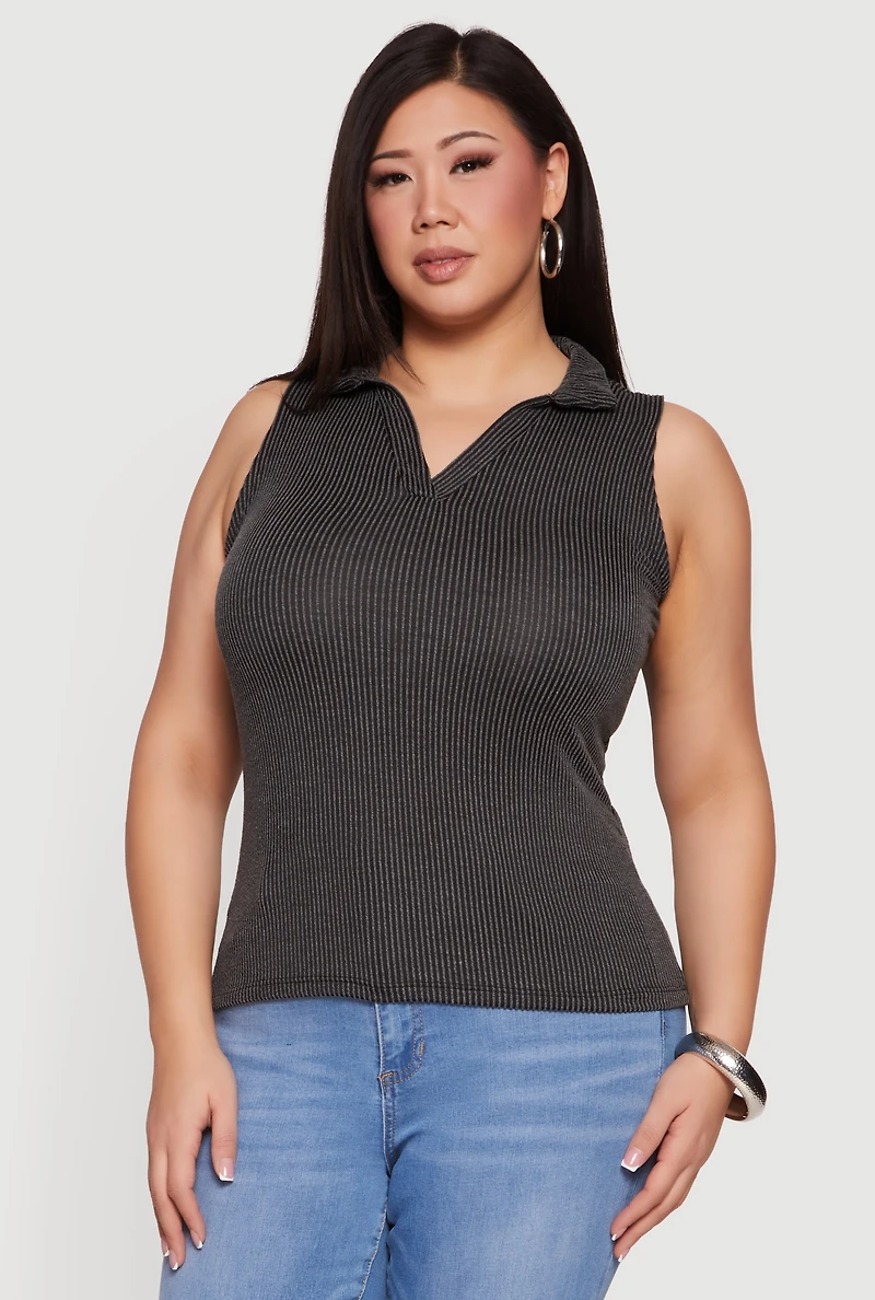 Plus Ribbed Knit Sleeveless Polo Top