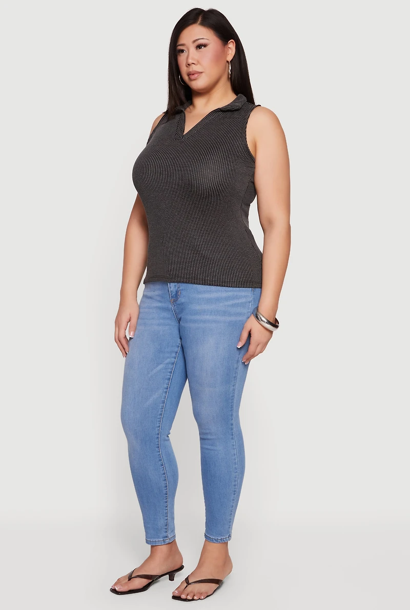Plus Ribbed Knit Sleeveless Polo Top