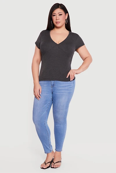 Plus Ribbed Knit V Neck Tee