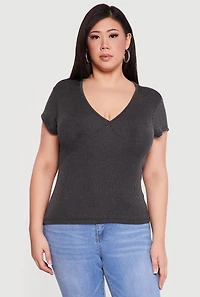 Plus Ribbed Knit V Neck Tee