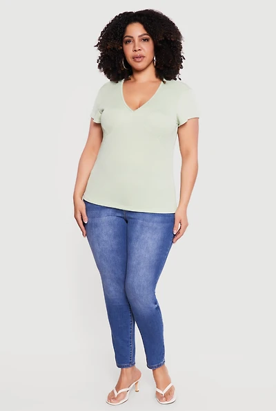 Plus Ribbed Knit V Neck Tee