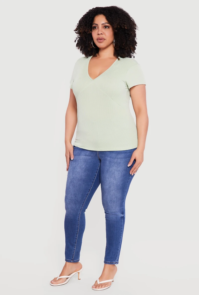 Plus Ribbed Knit V Neck Tee