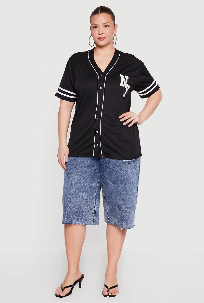 Plus Chenille NY Patch Graphic Varsity Stripe Baseball Jersey