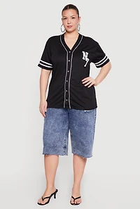 Plus Chenille NY Patch Graphic Varsity Stripe Baseball Jersey