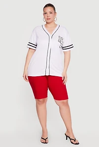Plus Chenille NY Patch Graphic Varsity Stripe Baseball Jersey