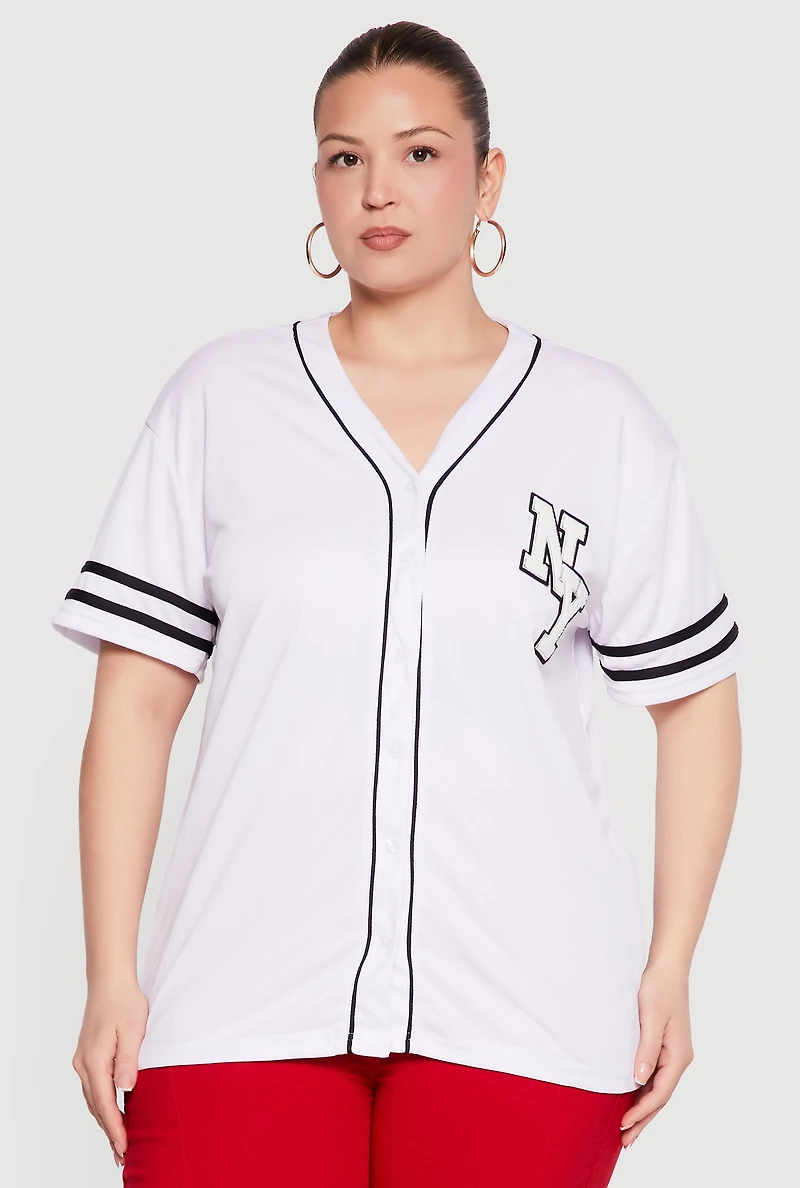 Plus Chenille NY Patch Graphic Varsity Stripe Baseball Jersey