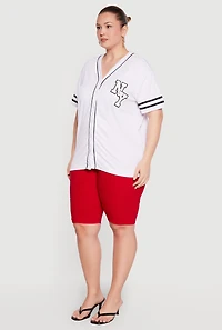 Plus Chenille NY Patch Graphic Varsity Stripe Baseball Jersey