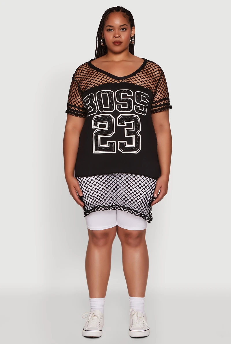 Womens Plus Fishnet Boss 23 Rhinestone Graphic Top with Varsity Stripe Details,