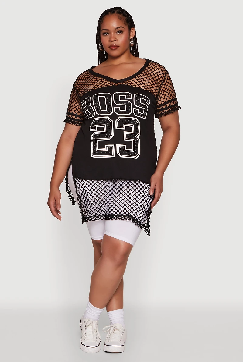 Womens Plus Fishnet Boss 23 Rhinestone Graphic Top with Varsity Stripe Details,