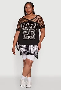 Womens Plus Fishnet Boss 23 Rhinestone Graphic Top with Varsity Stripe Details,