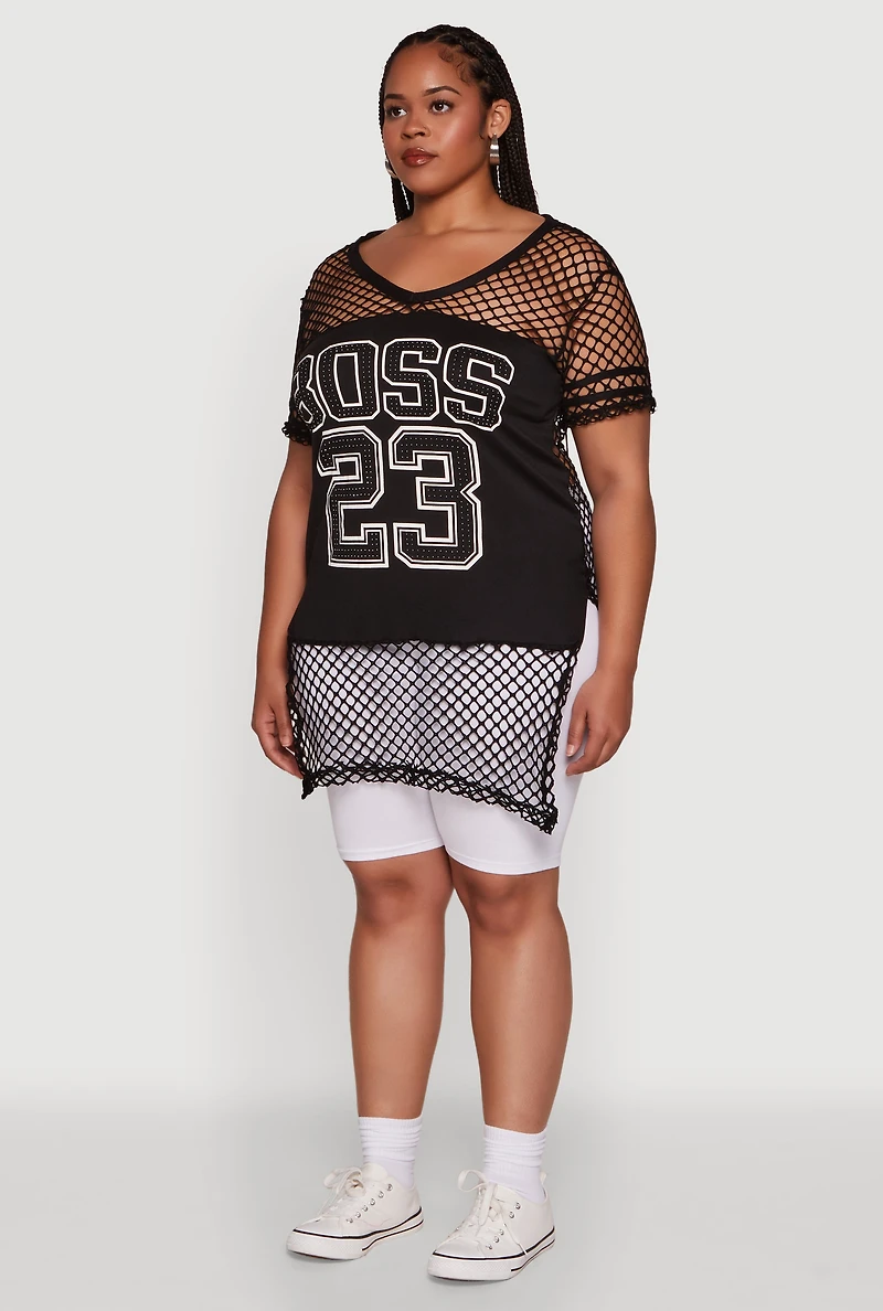 Womens Plus Fishnet Boss 23 Rhinestone Graphic Top with Varsity Stripe Details,